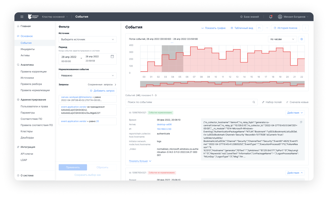 Дизайн интерфейса платформы кибер­безопасности. События. 